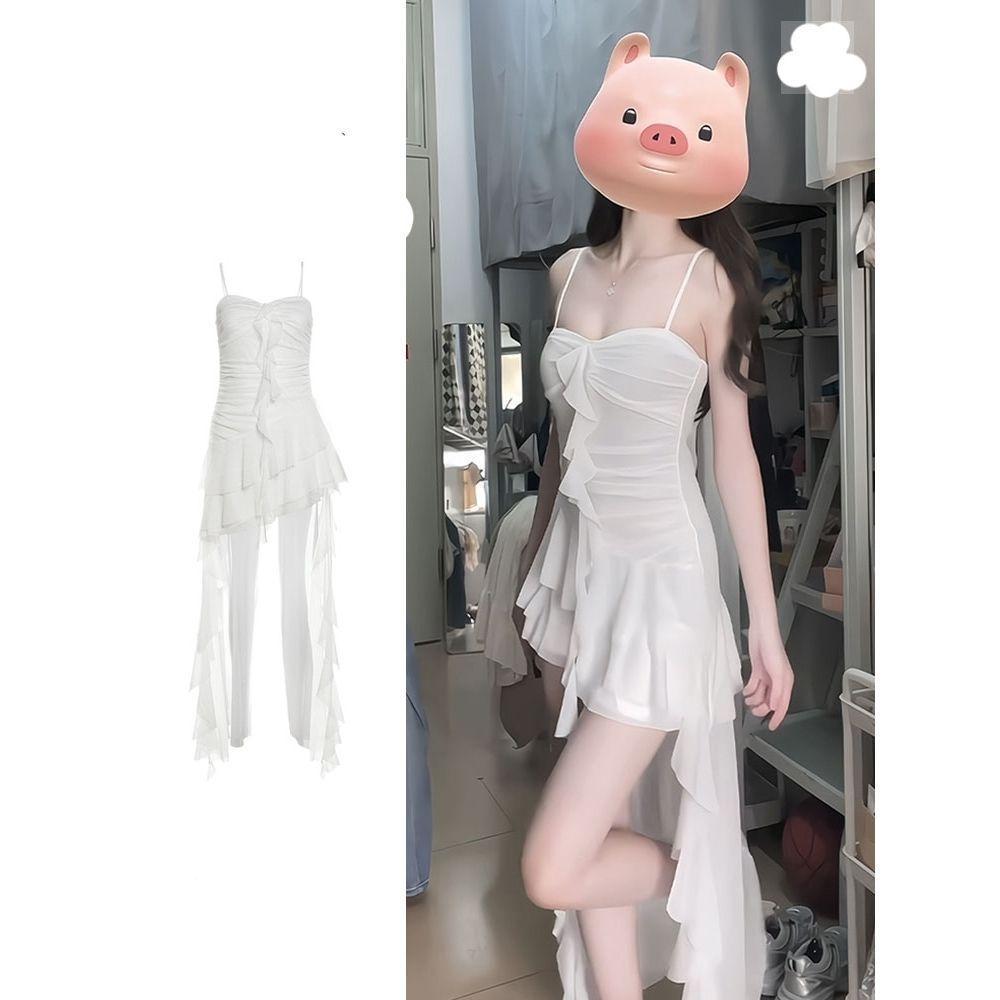 French Suspender White Irregular Gauze Dress Summer New Ruffle Mesh Slim One-word Shoulder Skirt