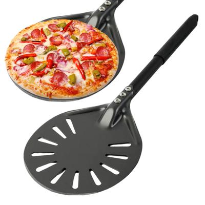6-palcová okrúhla lopata na otáčanie pizze s dlhou rukoväťou, nepriľnavá, ľahká, perforovaná, eloxovaná