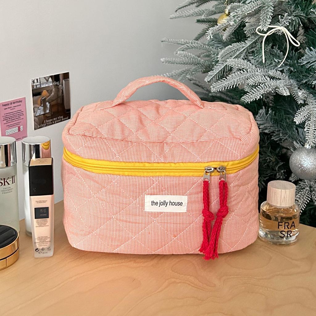 Creative Contrast Color Plaid Cosmetic Bag: Large Capacity, Hand-Held Travel Makeup Brush Storage for Women