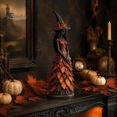 Witch Themed Collectibles Autumn Figurine Statue, Resin Halloween Fall Tabletop Decor, Thanksgiving Table Centerpiece Shelf Ornament for Mantel