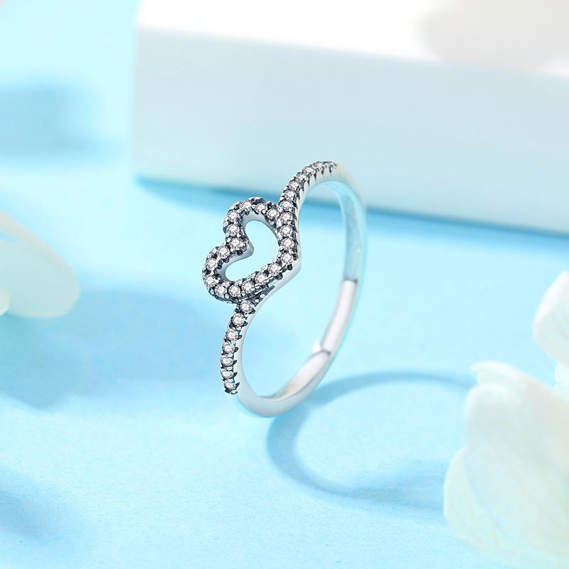 Original 925 Sterling Copper Ring Wishbone Love Heart Crystal Rose Gold Rings For Women Wedding Engagement Birthday Gift Zircon