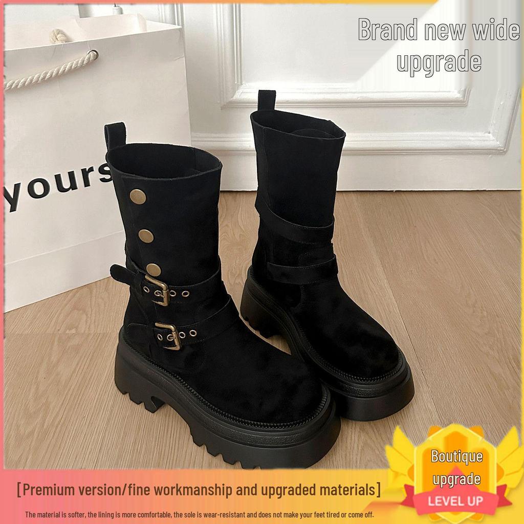 Women's British-Style Thick-Soled Mid-Calf Martin Boots for Autumn/Winter Height Boost