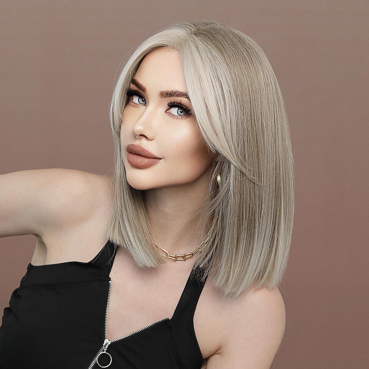 

Hd Прозрачный Парик Фронта Шнурка Синтетические Короткие Прямые Пепельно-Коричневые Парики Шнурка Боб С Занавеской Челка Высокой Плотности Т-образные Парики Шнурка