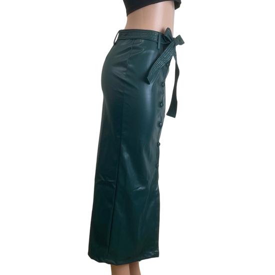 Women Skirt Faux Leather High Waisted Front Slit Hip Wrapped Skirt with Belt Buttons Closure Commuting Street Skirt