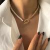 Retro Simple Imitation Pearl Tag Necklace, Hip-Hop Trend Round Bead Snake Bone Chain Necklace