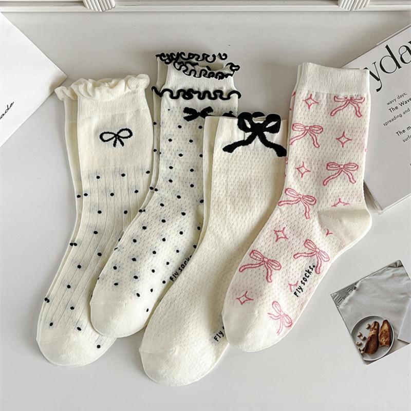 4 Pairs Women Bow Patterned Medium Length Socks Summer Lightweight Sweat Absorbing Breathable Soft Comfortable Casual Socks