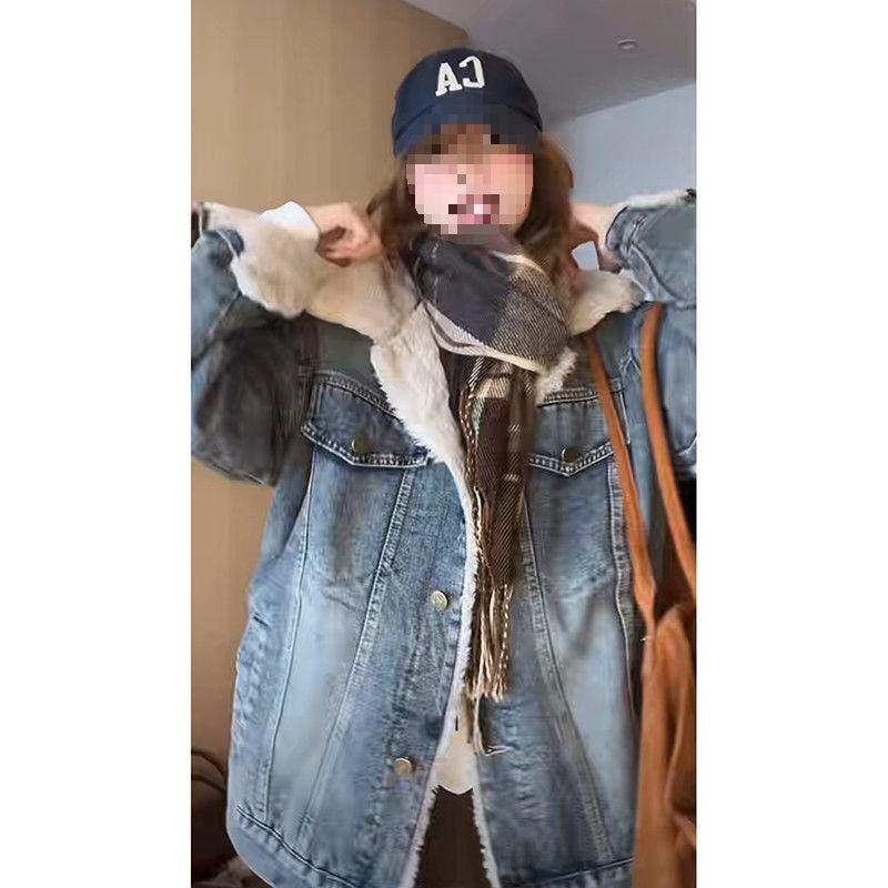 2025 Winter Korean Velvet-Enhanced Thick Denim Cotton Loose Jacket