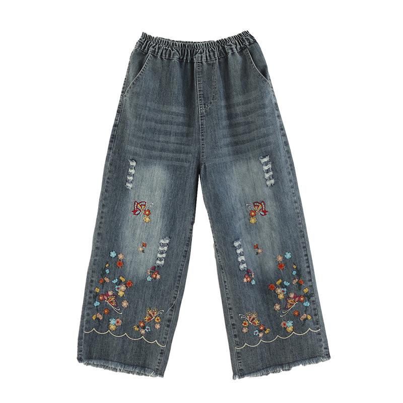 Women's High-Waist Wide-Leg Embroidered Jeans - Loose Fit, Raw Edge, Nine-Point Cotton, Plus Size, Casual Spring/Summer Pants