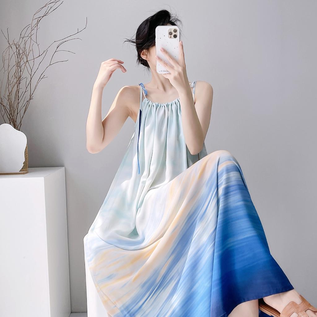 Cotton silk summer bohemian print suspender dress women's ethnic style retro loose medium and long vacation dress
