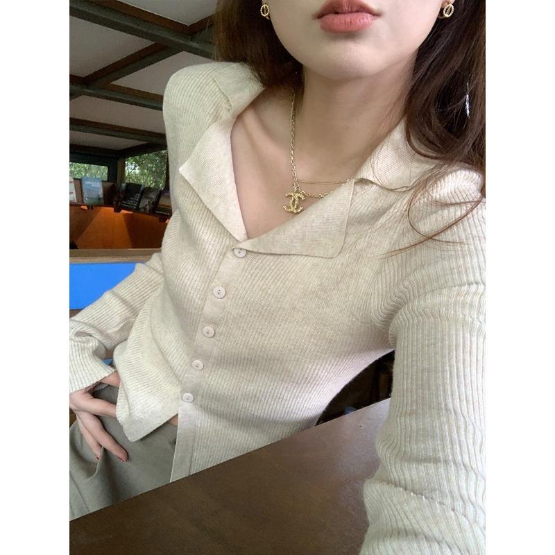 

Lapel long-sleeved knitted cardigan women s slim sweater with base inside, short top simple and versatile One size [recommended 80-60kg] абрикосовый