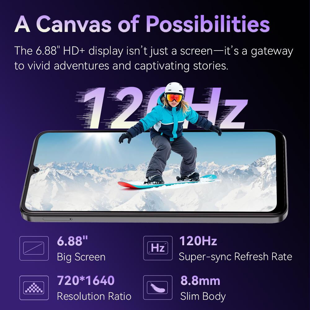 Cubot A40 Smartphone, Android 15, 4GB RAM+256GB ROM, 6,88-tommers 120Hz skjerm, åttekjernet, 48MP kamera, 5100mAh batteri, NFC, ansiktsgjenkjenning