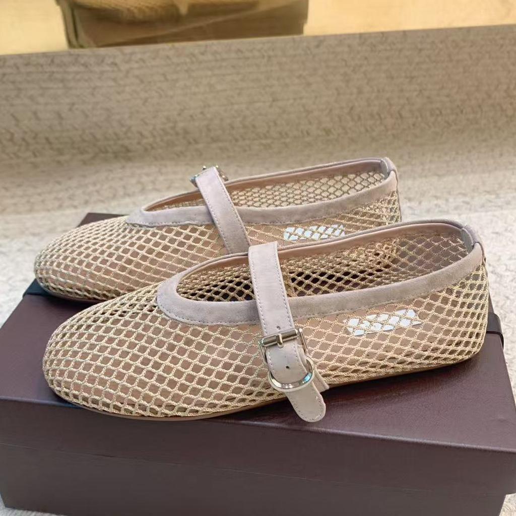 Leisure Fishing Net Flat Ballet Shoes Made Of Genuine Leather With A Straight Cut And Perforated Breathable Mary Jane Single