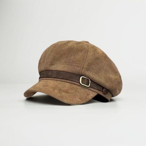 Maillard Vintage Leather Buckle Suede Beret Women's Autumn and Winter Fashion Brown Newsboy Hat Small Octagonal Hat