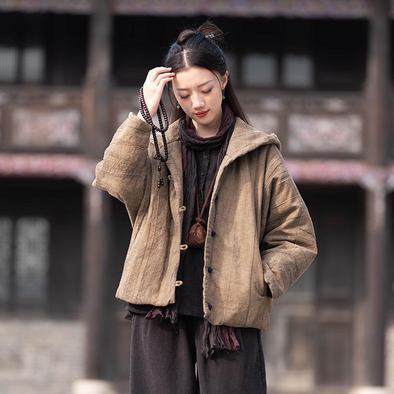 25 Winter Ramie Handmade Tie-dye Fried Color Old Zen Wandering Wind Cotton and Linen Women's Short Cotton-padded Hooded Cotton-padded Clothes