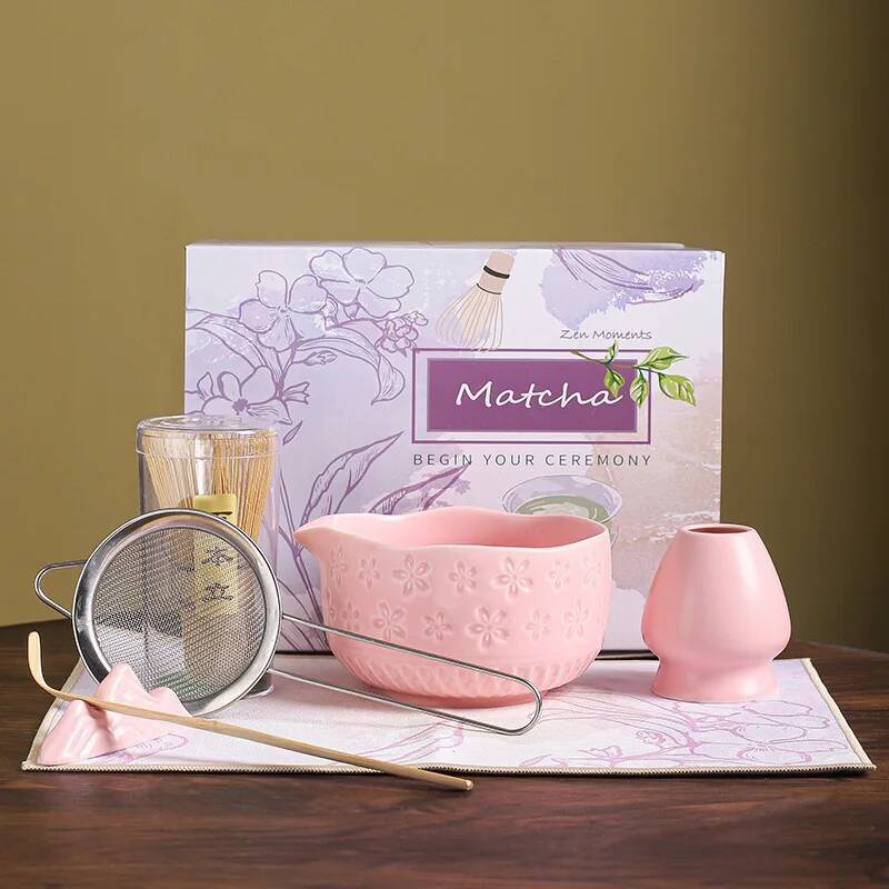 Matcha Tea Set Japanese Cherry Blossom Ceramic Matcha Tea Bowl Tea Making Matcha Set Tea Accessories Tea Whisk Baibenli 7 Pieces