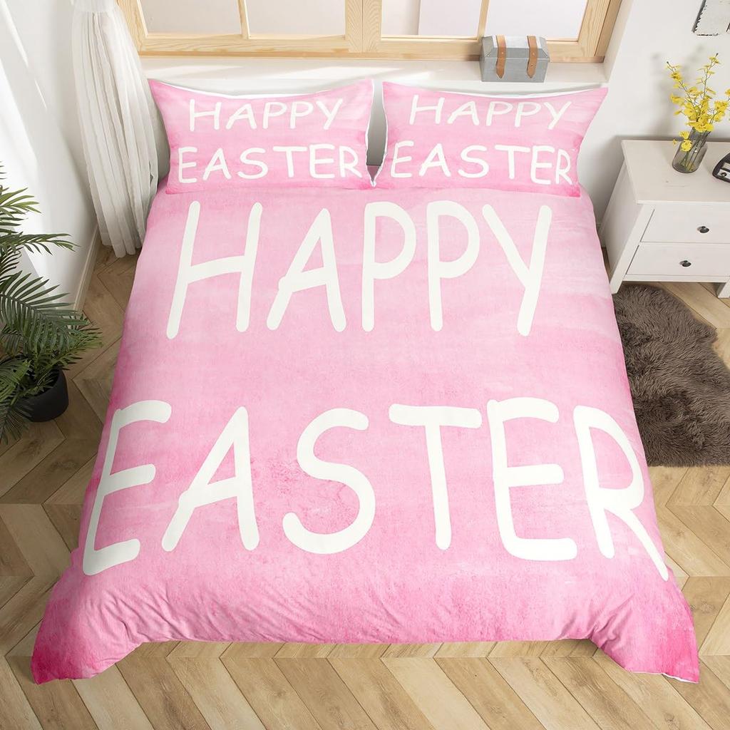 Happy Easter Bedding Set Cartoon Rabbit Egg Duvet Cover Full Kids Pink Purple Cute Bunny Comforter Cover Cute Animal Quilt Cover