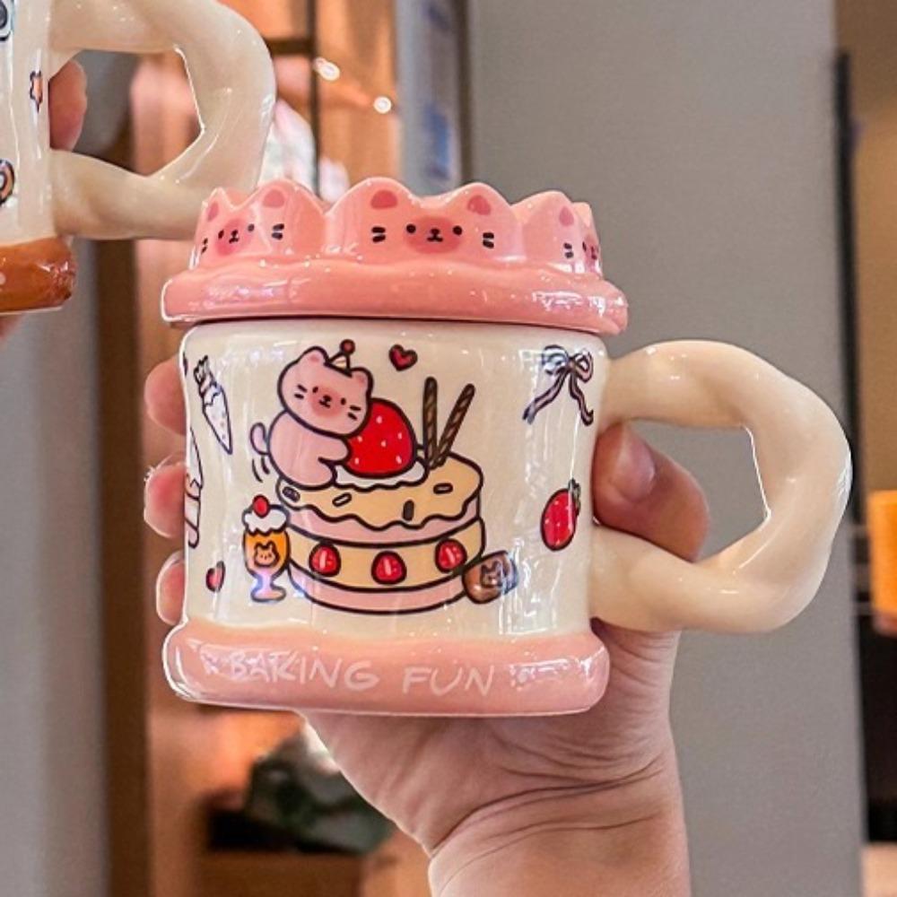 Milk Fufu Cute Cake Cat Mug with Lid Spoon Girls Household Ceramic Coffee Water Cup Birthday Gift