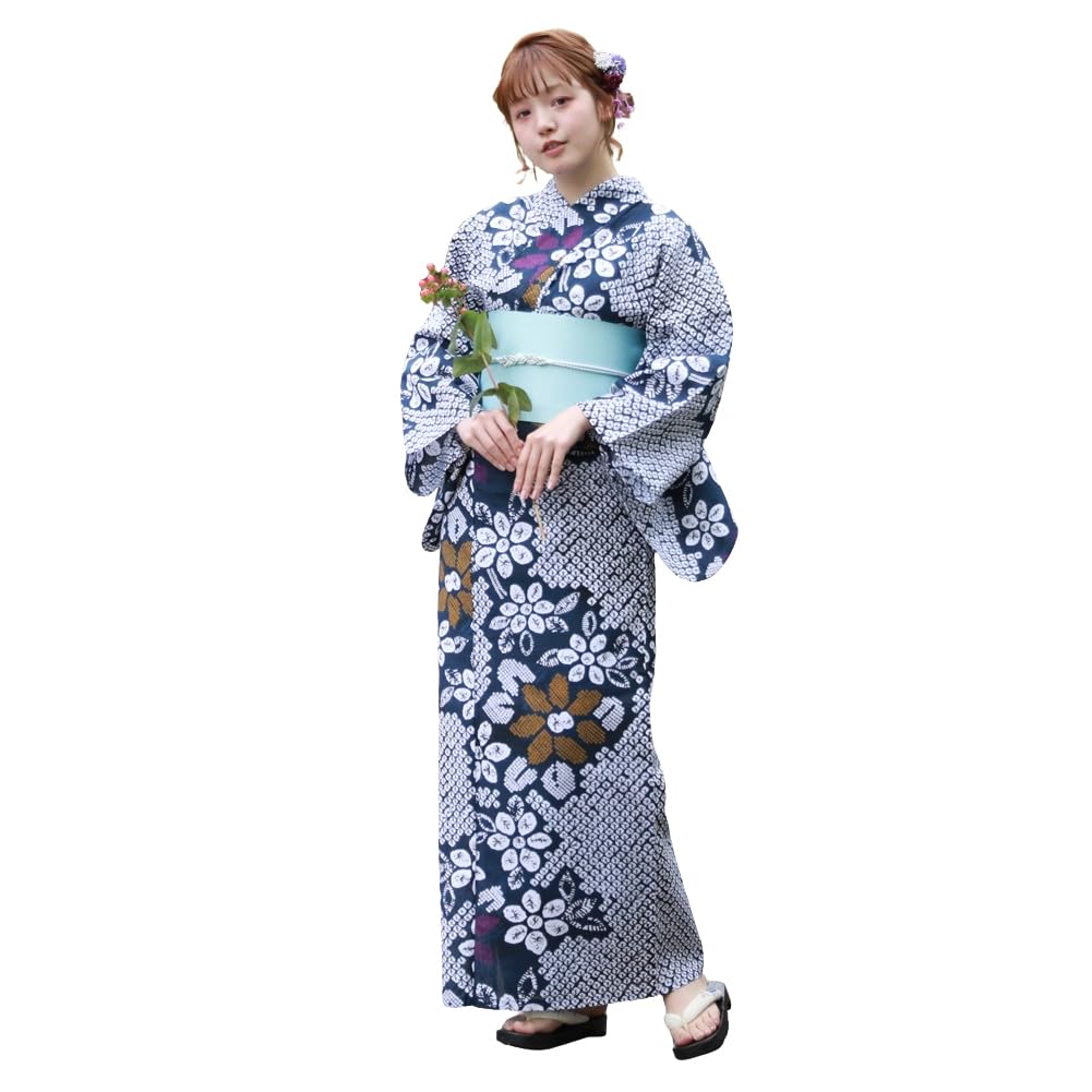 yukata comfortable yukata set with unique weave blue with pattern and sizes Plus-size set, fit, 3-piece (navy tie-dye tie-dye flowers, 4L-5L)