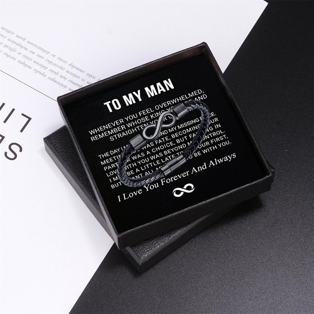 Engraved Stainless Steel Leather Bracelet with Magnetic Clasp – 'To My Man' Gift Set