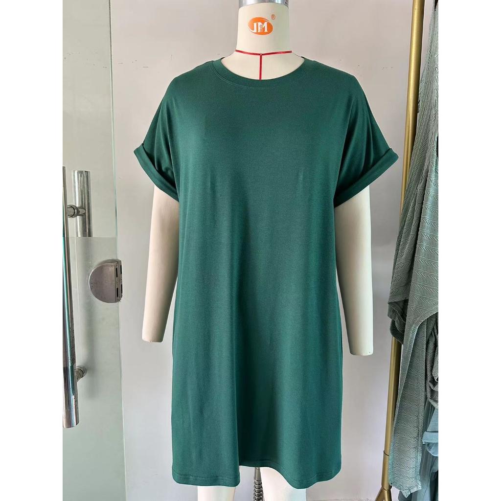 Spring Summer New Solid Color Crew Neck Pocket Loose Short Sleeve Casual Dress for Women