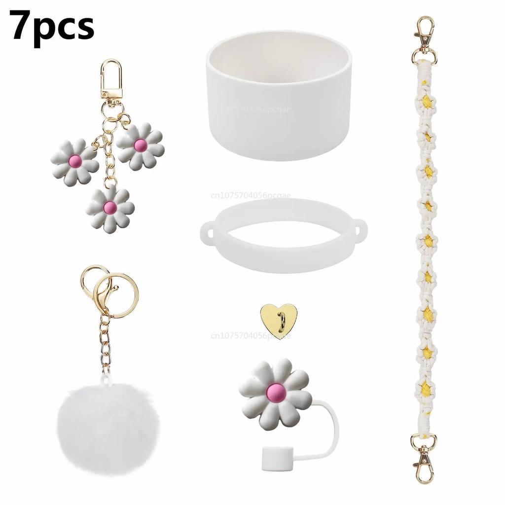 7Pcs /1Set for Cup Including Flower Straw Cover Cap for Straws Pom Chain and Silicone Boot for Cup Accessories