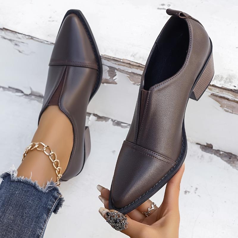 Western Style Elastic Single Shoes, British Style Pointed Toe, Thick Heel, Large Size Chelsea Small Leather Shoes for Women, 2025