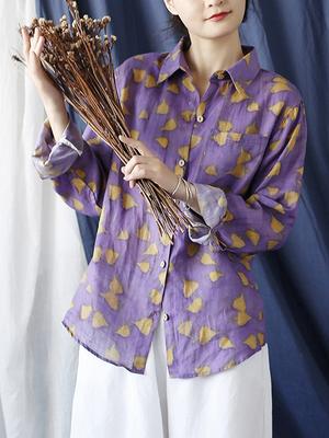 Frauen Lila Ramie Herbst Shirts Drehen Unten Kragen Langarm Taste Blusen Drucken Floral Casual Shirts