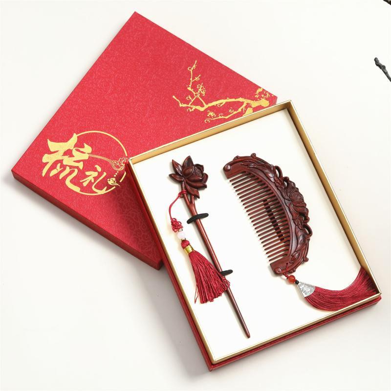 Red Sandalwood Comb and Lotus Hairpin Gift Set
