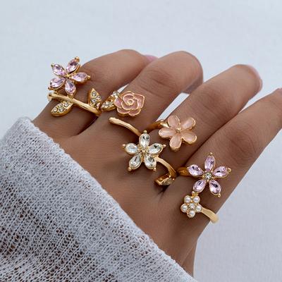 4-piece Elegant Simple Cat Eye Stone Flower Ring Set with Multiple Stacked Pink Drip Oil Flower Rings