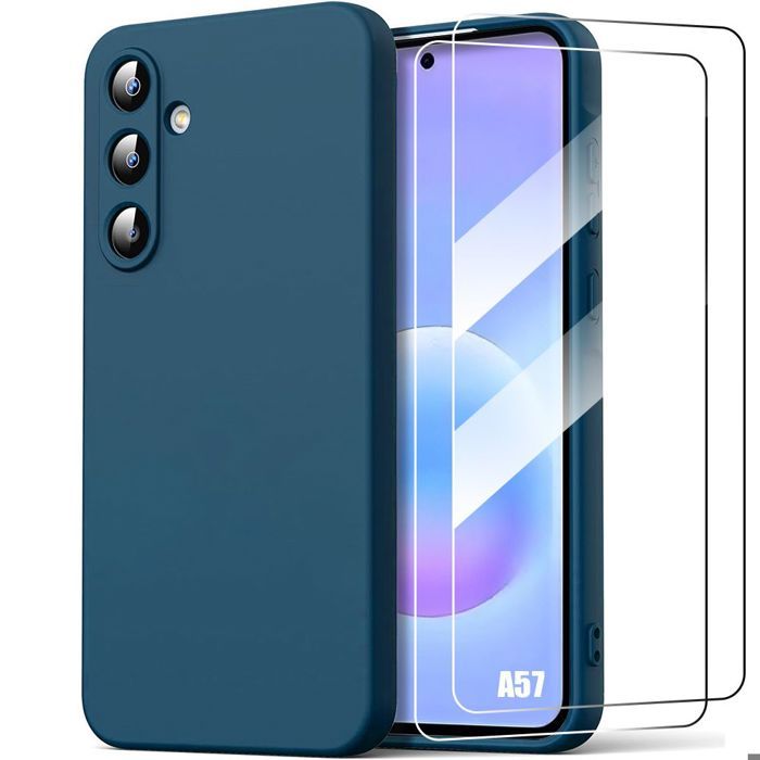 Coque Silicone pour Samsung Galaxy A57 5G, Protection Anti-Rayures - Bleu Marine - 2 Verres Trempés
