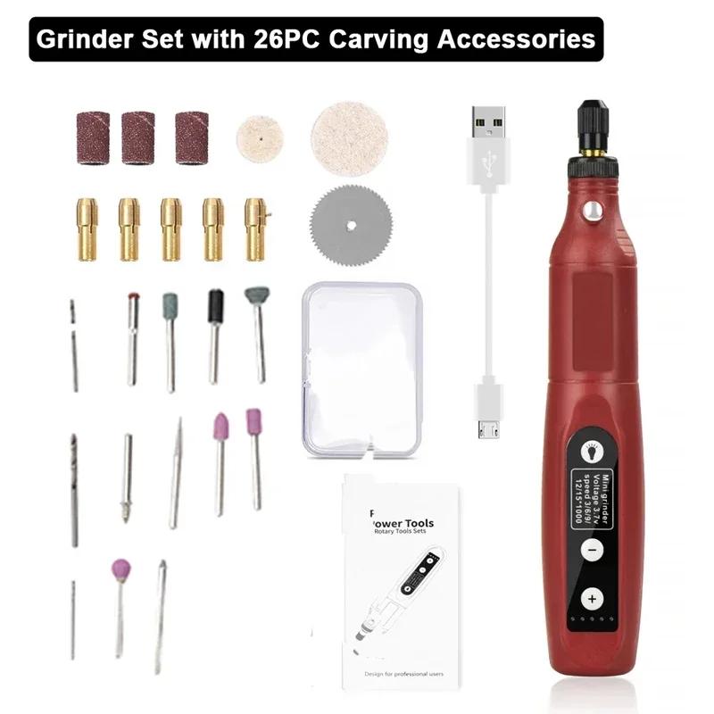USB Rechargeable Electric Drill Mini Multifunction Electric Grinder 5 Gears with Light Polishing Machine Practical Abrasive Set