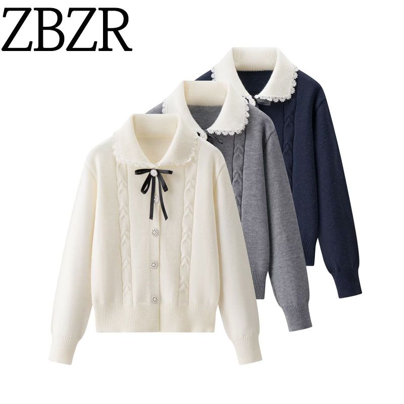 Za New Fall Women's Clothing 2025 Preppy Style Fashion Sweet Bows Long Sleeves Knitting Cardigan Sweater