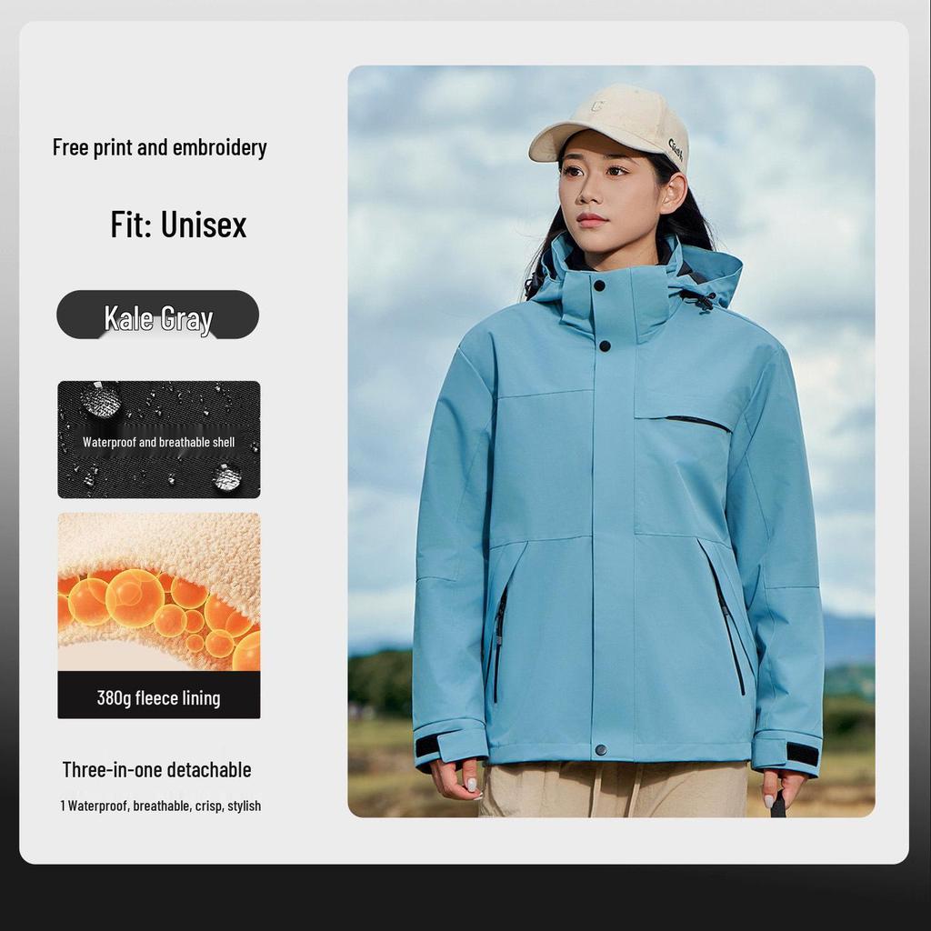 Customizable Three-in-One Mountaineering Jacket, Autumn/Winter Corporate Teamwork Detachable Plus Velvet Workwear with Print Logo