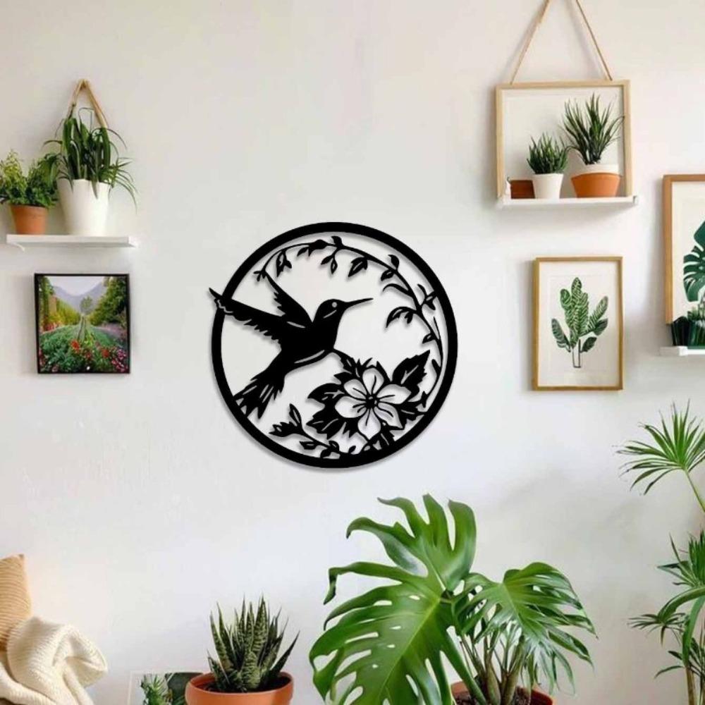1pc 40cm 15.75inch Abstract Hummingbird Flowers Wrought Iron Wall Sculpture, Rustic Bohemian Hanging Decor for Living Room Bedroom