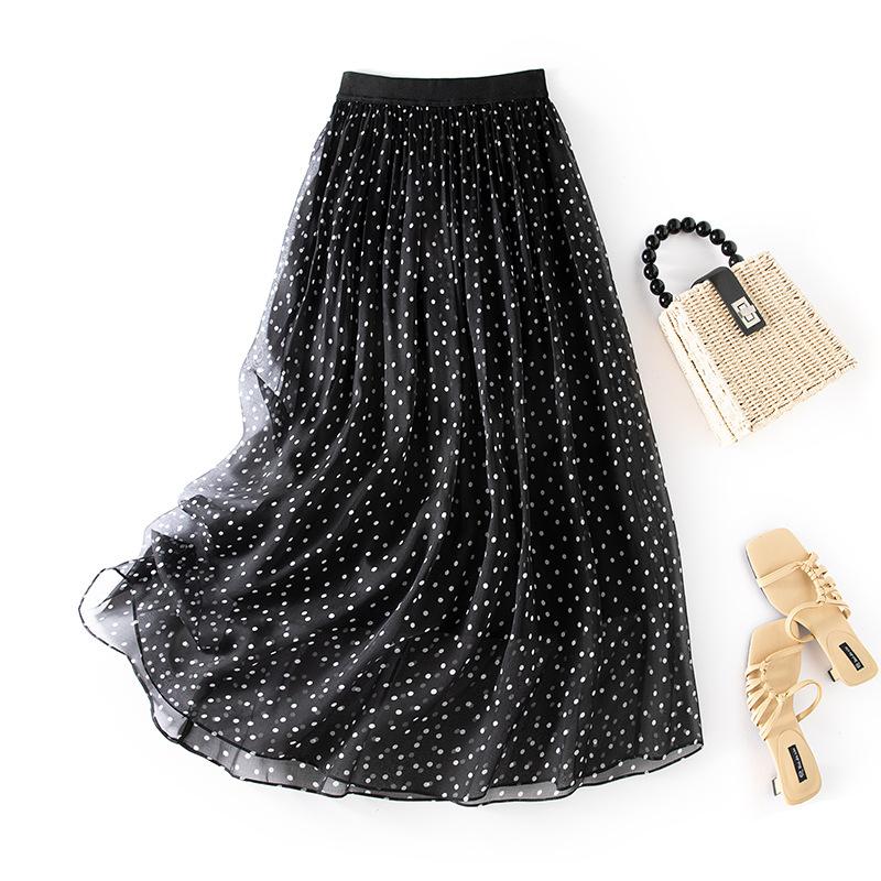 

Silk skirt high waist and thin A-word drape long skirt mulberry silk printing black small polka dot big swing skirt M