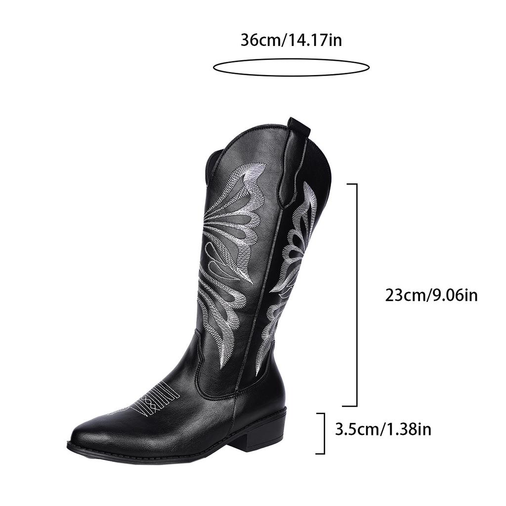 Cowboy Boots for Women Cowgirl Western Boots Embroidery Stitched Chunky Heel Mid Calf Boots Women's Pull-on Vintage Faux Leather Wide Calf Boots