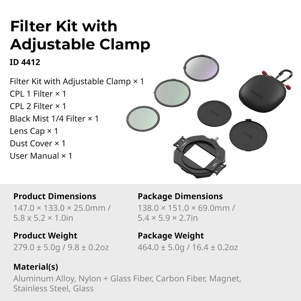 SmallRig Filter Kit with Adjustable Clamp from 67mm-82mm, W CPL,VND,Black Diffusion 1/4 Filters for DSLR Mirrorless Cameras 4412