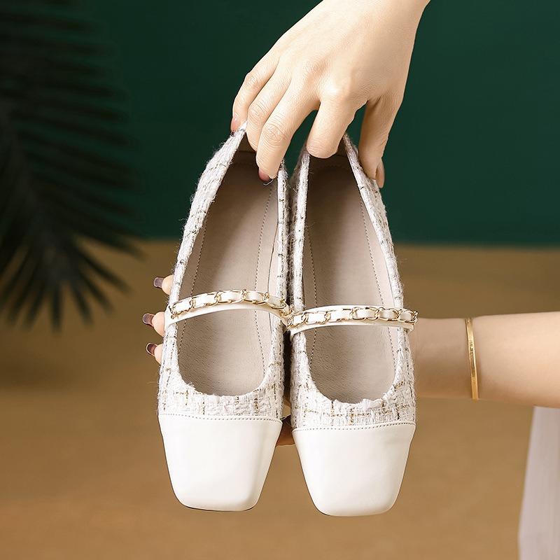 Women Mary Jane Shoes Elegant Tweed Chain Straps Flats French Square Toe Pumps Daily Soft Sole Slip-on Thin Shoes Casual Loafers