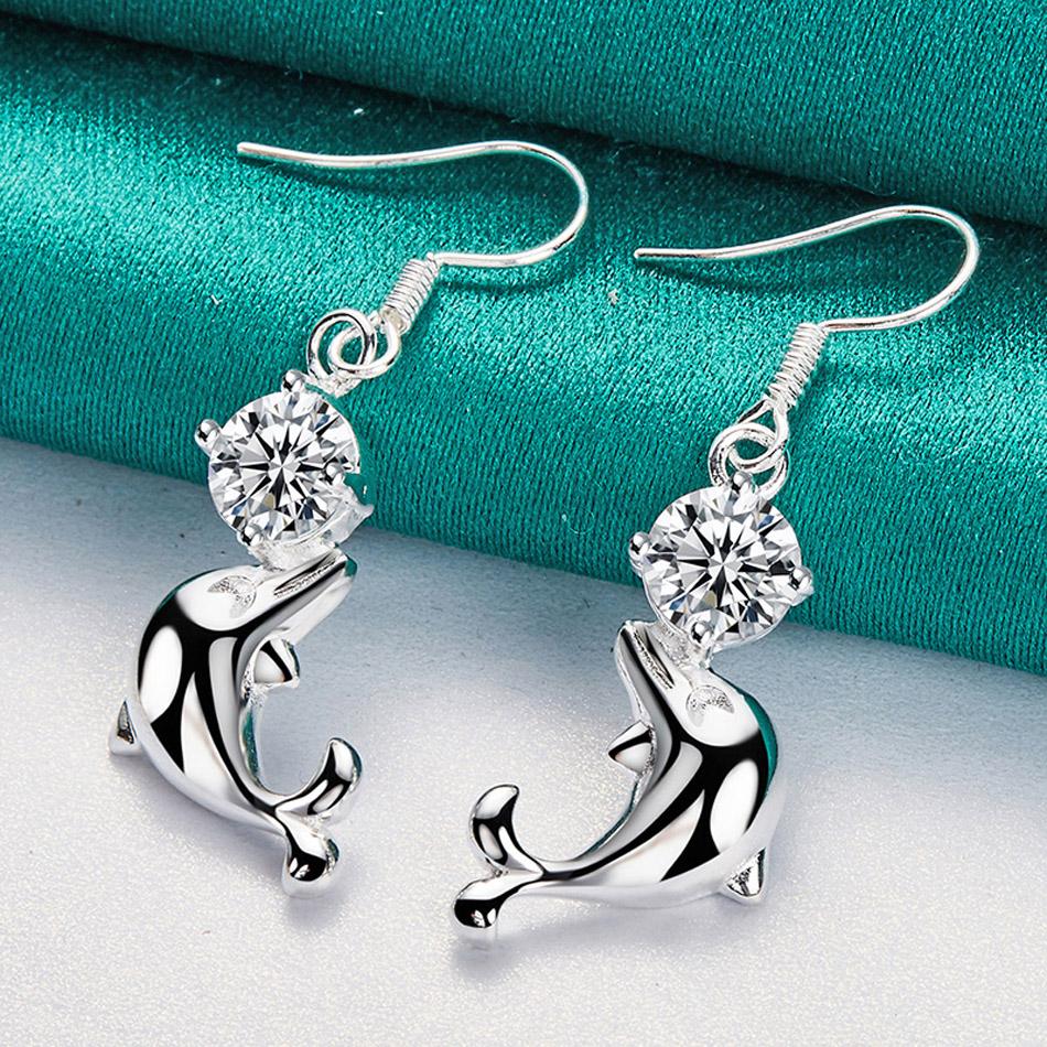 925 Sterling Silver Dolphin Zircon Earrings Fashion Jewelry