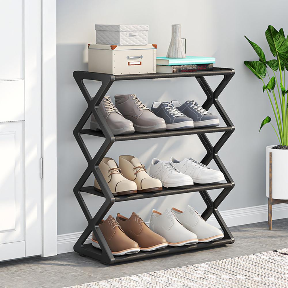 Four-Tier Folding Shoe Rack - a Space-Saving Storage Solution That Can Hold 8 Pairs of Shoes, Featuring an X-Shaped Plastic Frame, Vintage Design
