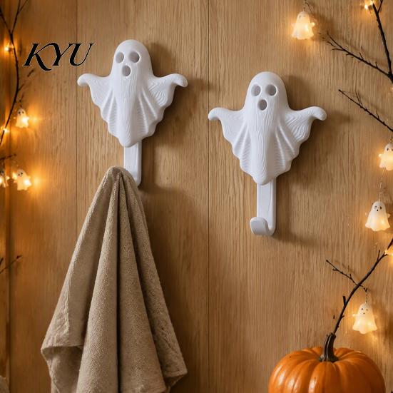 Space Saving Organizer 2Pcs 3D Printed Halloween Ghost Wall Hook, Decorative White Hanger for Home Decor Hats Towels Keys, Creative Storage