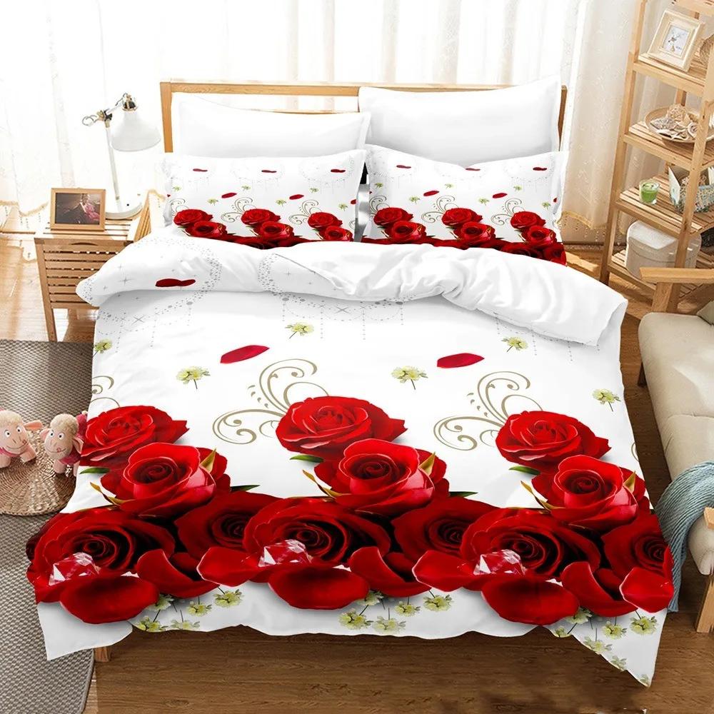 3D Red Rose Valentine's Day Gift Soft Duvet Cover Set Featuring Pilowcases Mary Warm Comforter Beding Sets for Weding Double Bed Linen Set Young Girls