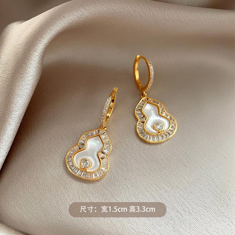 18K zircon fritillary gourd pendant earrings light luxury high-end ear buckles new Chinese temperament earrings