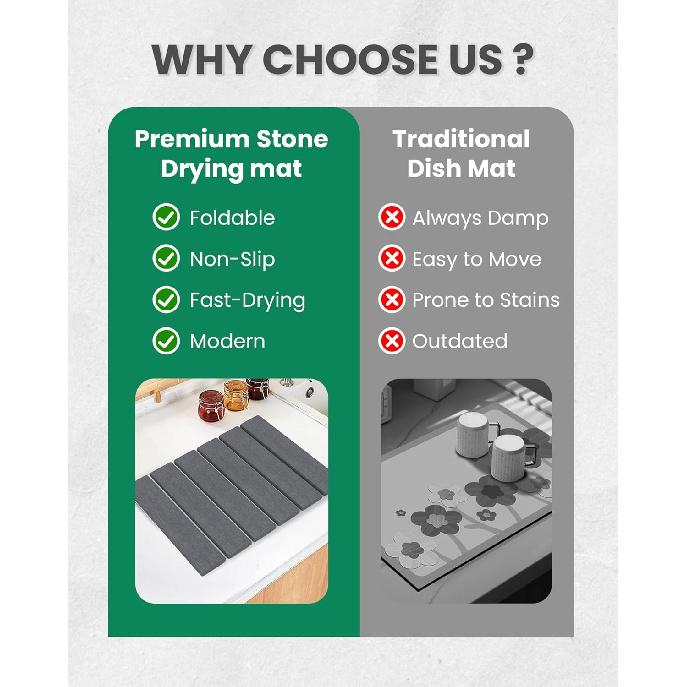 Stone Drying Mat for Kitchen Counter, 16"×12" Heat-resistant Mat, Collapsible and Super Absorbent Dish Drying Stone Mat, Diatomaceous Earth Mats for