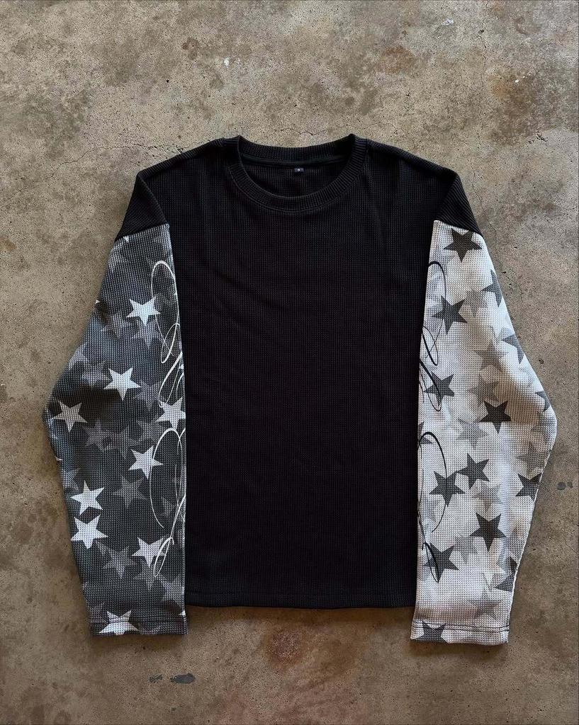 Cross-Border Autumn Patchwork Long Sleeve Retro Streetwear T-shirt