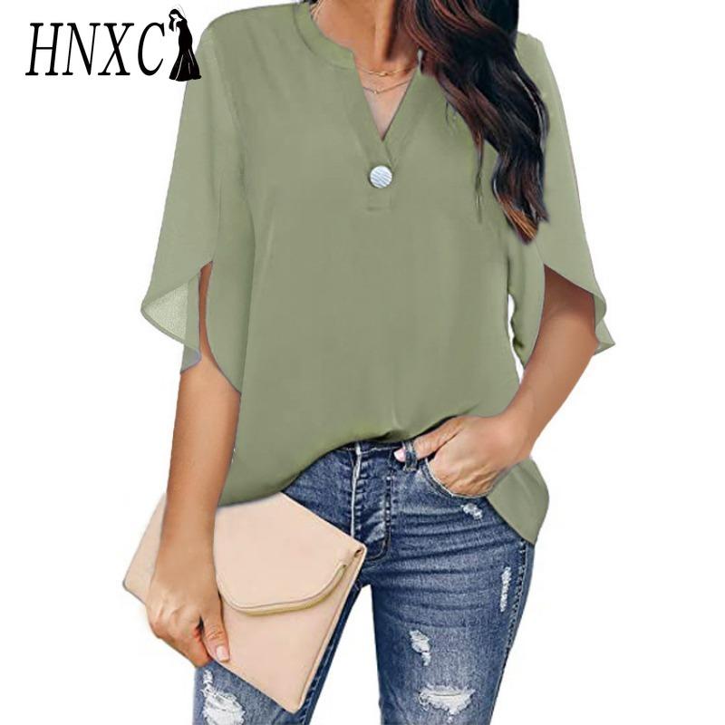 HNXC Women's Fashion Casual Solid Color Print Short Sleeve V Neck Blouses & Shirts