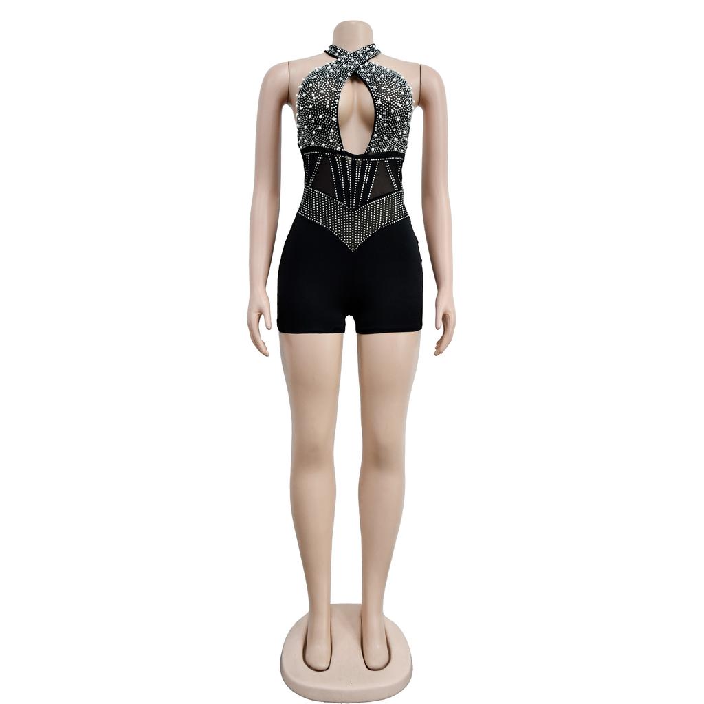 Fashion Women's Mesh Drilling Bubble Beads Sleeveless Shorts Jumpsuit