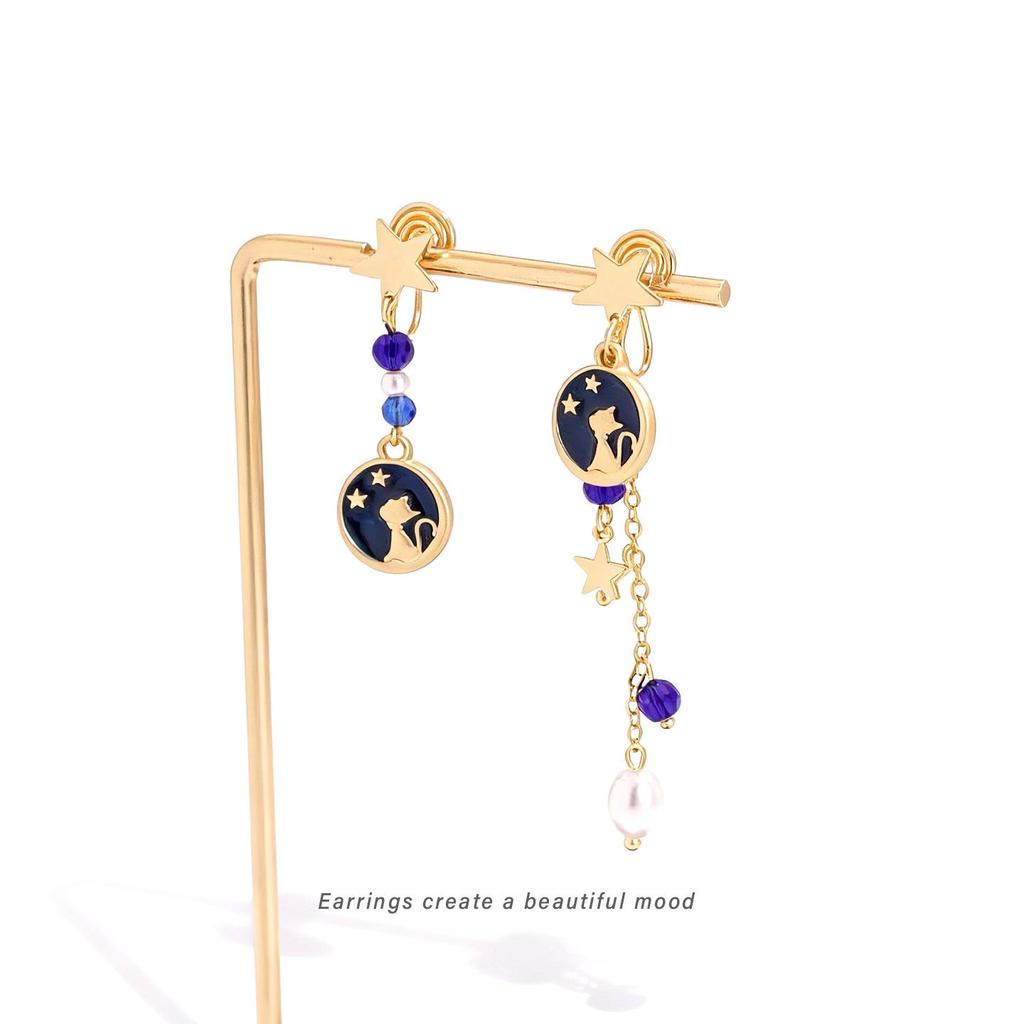 Elegant Cat Star Tassel Earrings for Women - Dreamy Niche Design with Mosquito Coil Clasp
