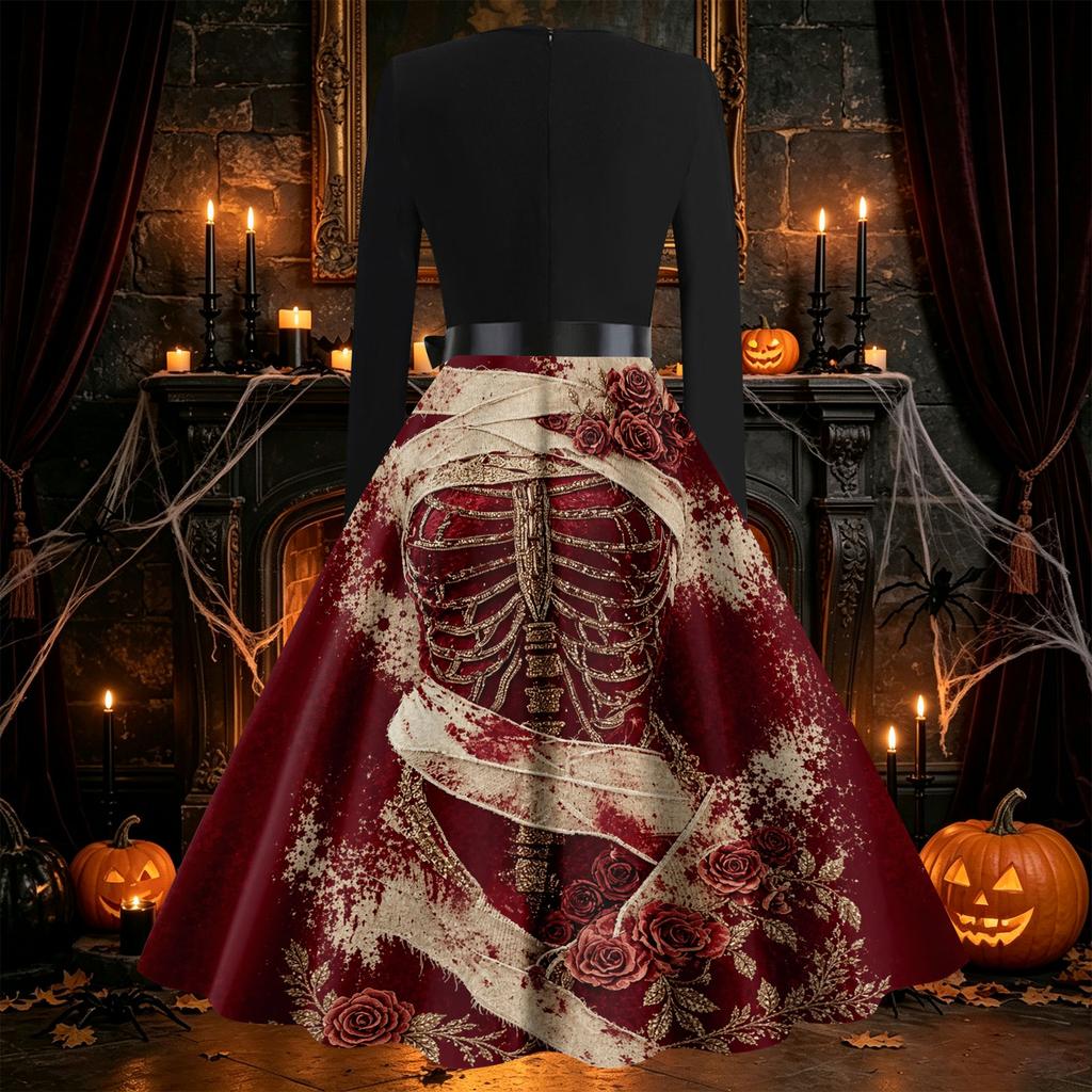 Women's Vintage V-Neck Long Sleeve Swing Dress with Halloween Print for Party Costume