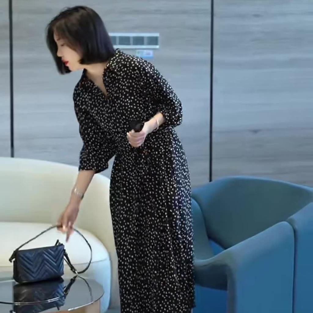 Spring Latest Thin Polka Dot Long Dress Stylishable Foreign Style Printing Everyday Relaxed Fit A Word Dress Women